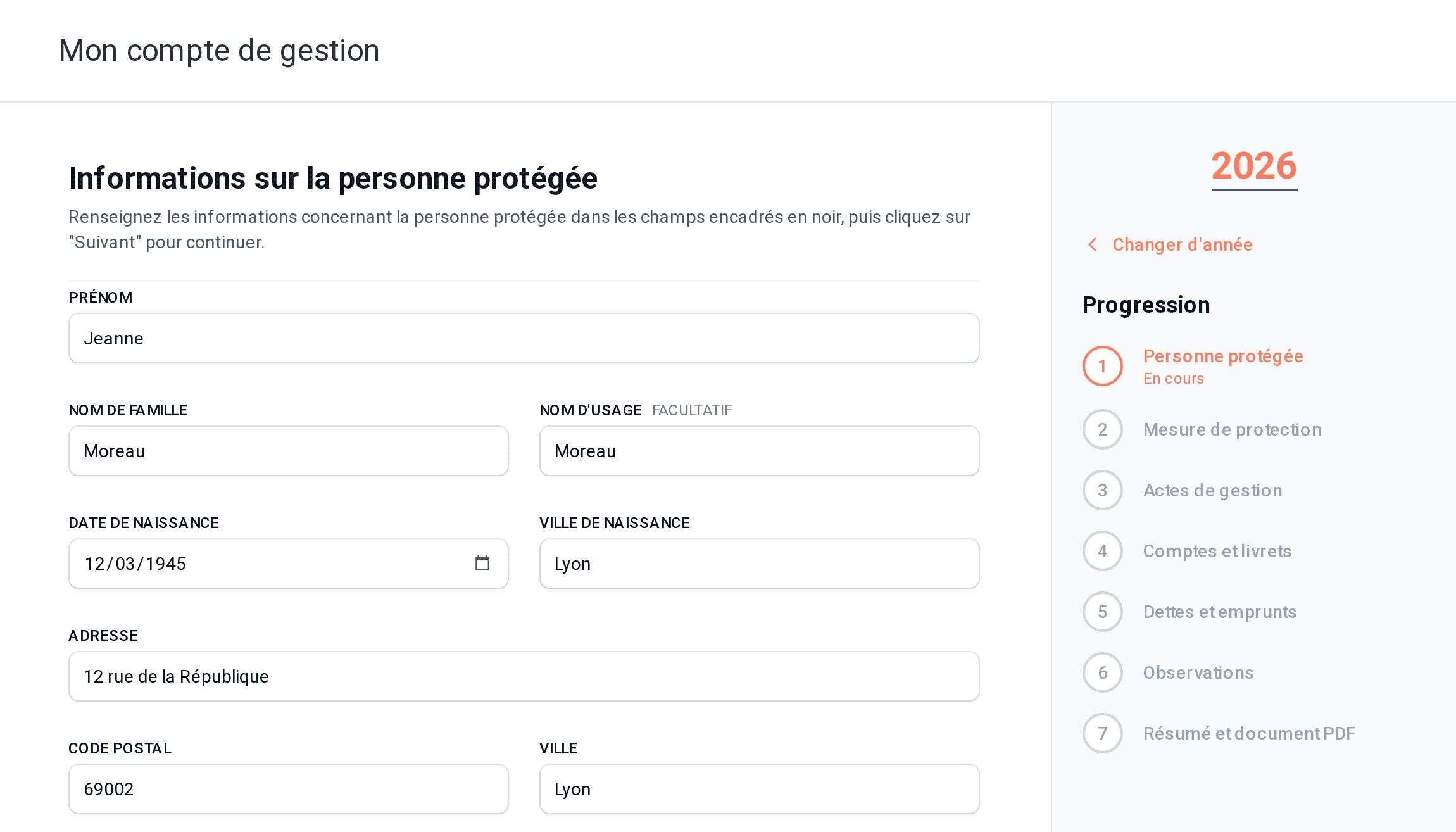 Première étape de l’édition du compte de gestion dans Tutello : informations sur la personne protégée