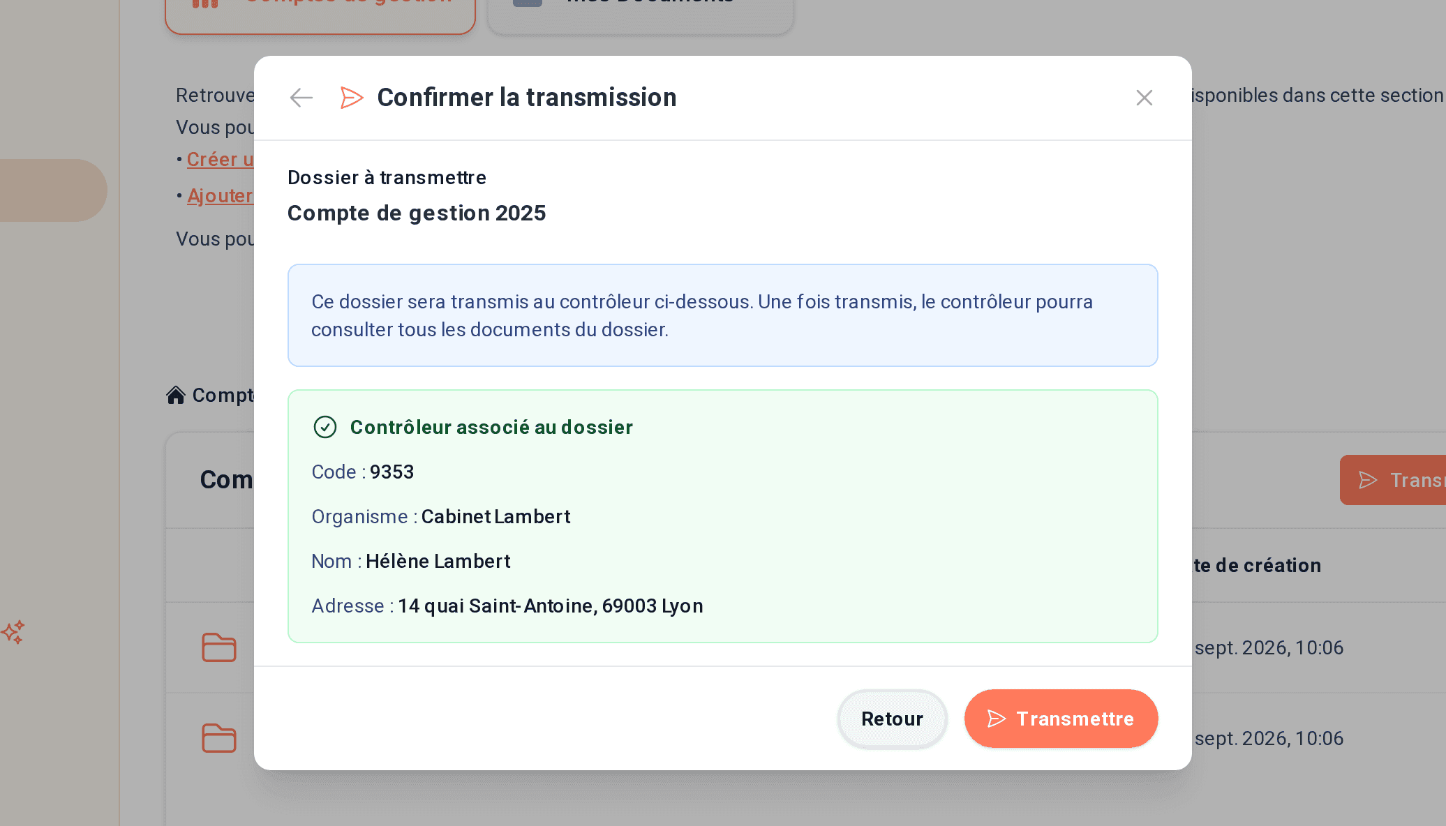 Confirmation de la transmission du compte de gestion au contrôleur dans Tutello